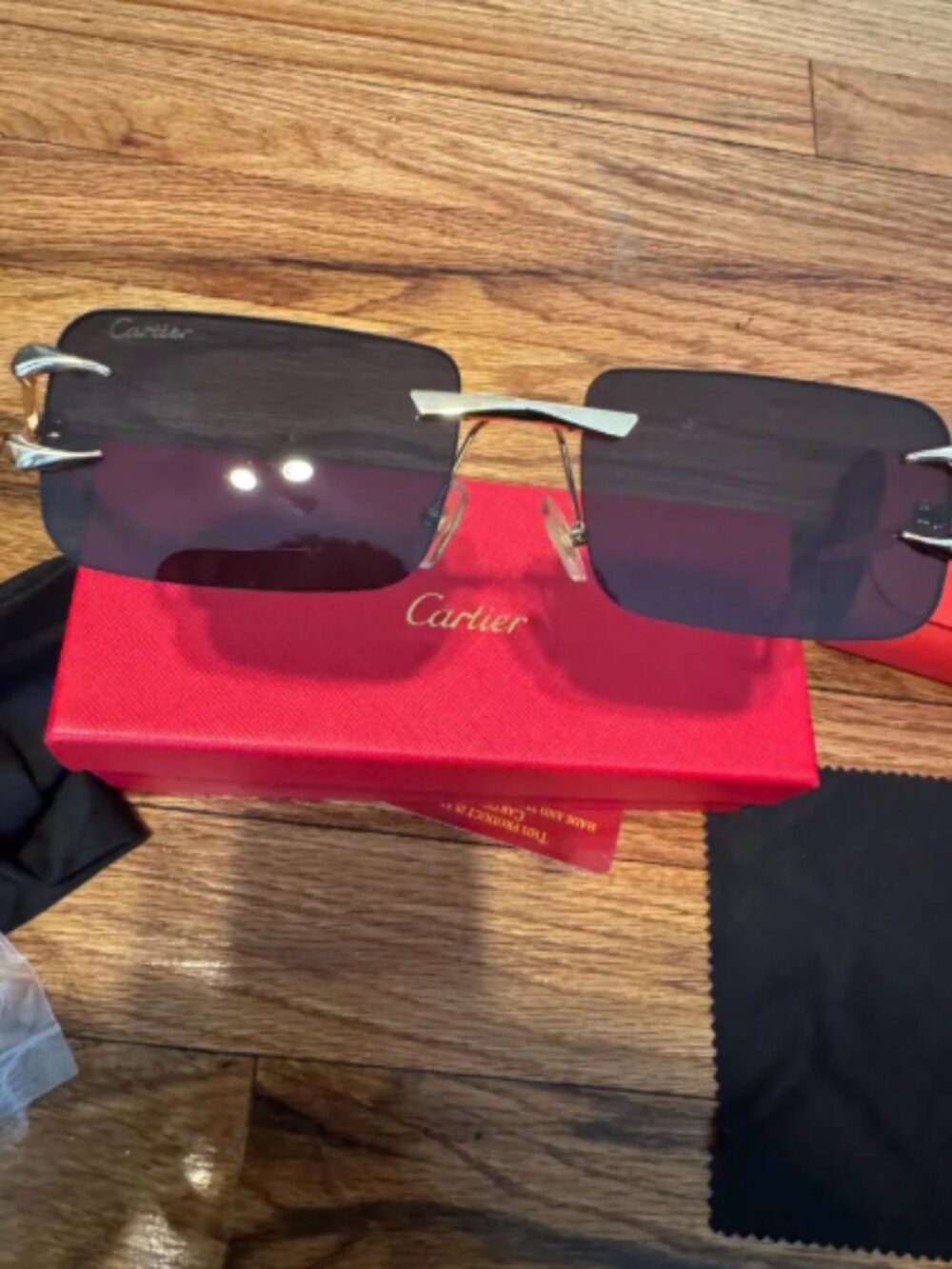 Cartier Rimless Rectangle Sunglasses Gold Metal Frame Black Tinted